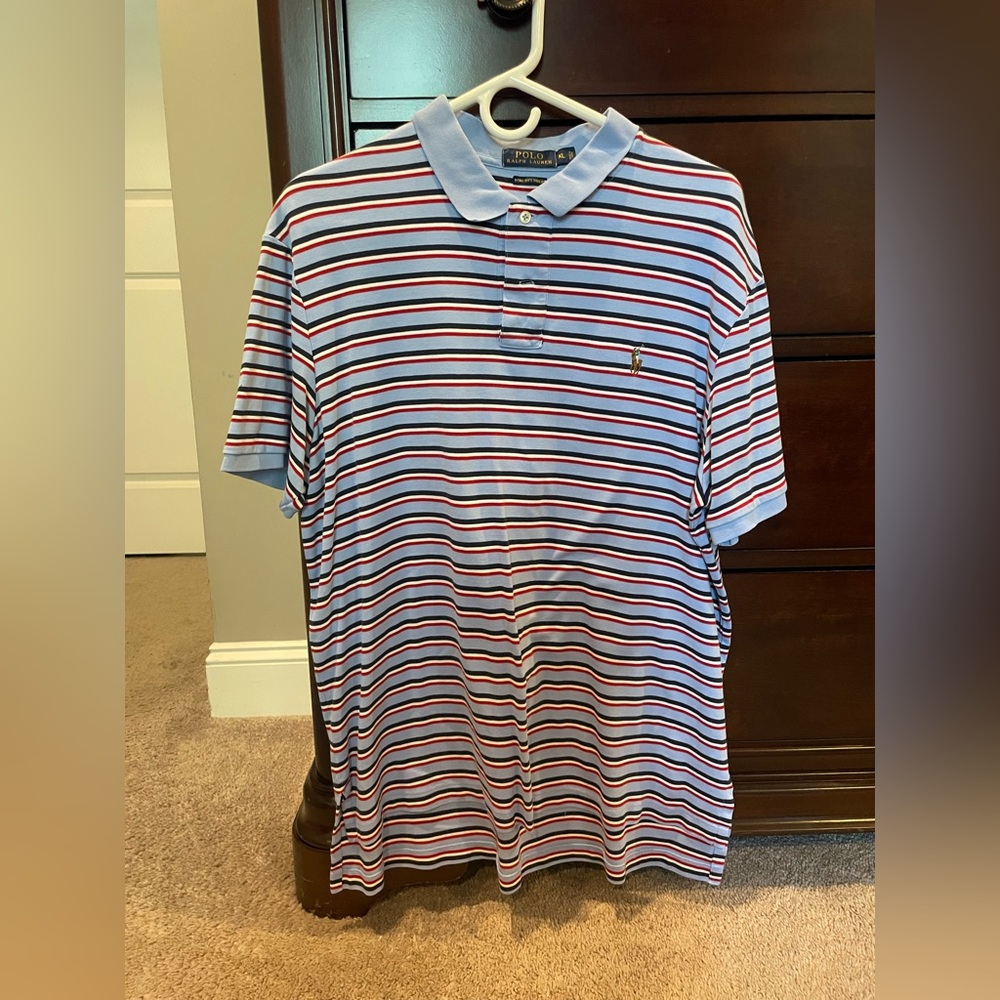 Ralph Lauren Men's Polo Shirt - Blue, Red, and White Stripes